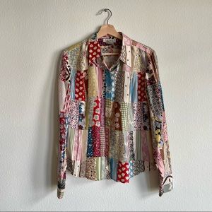 Nine West 100% Silk Patchwork Print Blouse Button Down Shirt
